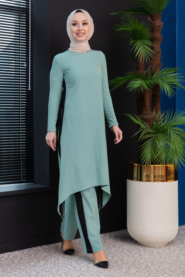 Düz Bisiklet Yaka Kadın Yeşil Tunik Pantolon - 3988