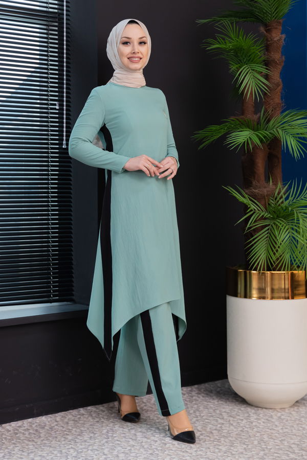 Düz Bisiklet Yaka Kadın Yeşil Tunik Pantolon - 3988