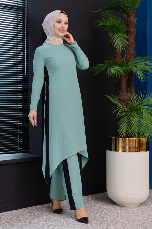 Düz Bisiklet Yaka Kadın Yeşil Tunik Pantolon - 3988