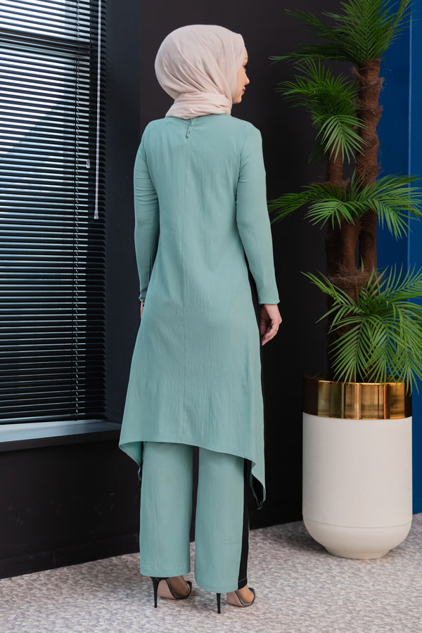 Düz Bisiklet Yaka Kadın Yeşil Tunik Pantolon - 3988