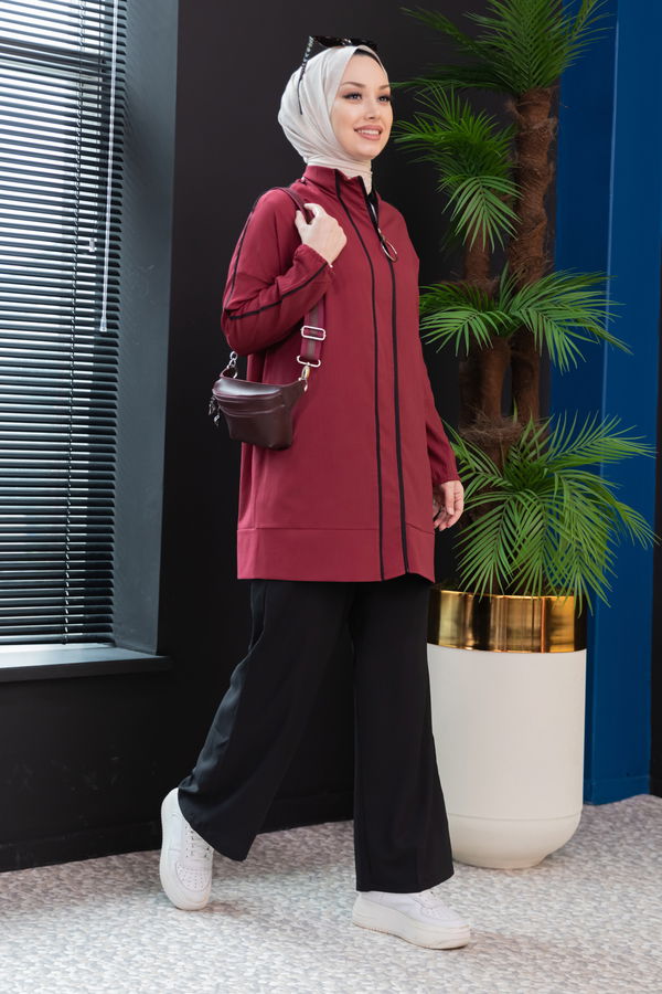 Düz Hakim Yaka Kadın Bordo Tunik Pantolon - 10001 BORDO