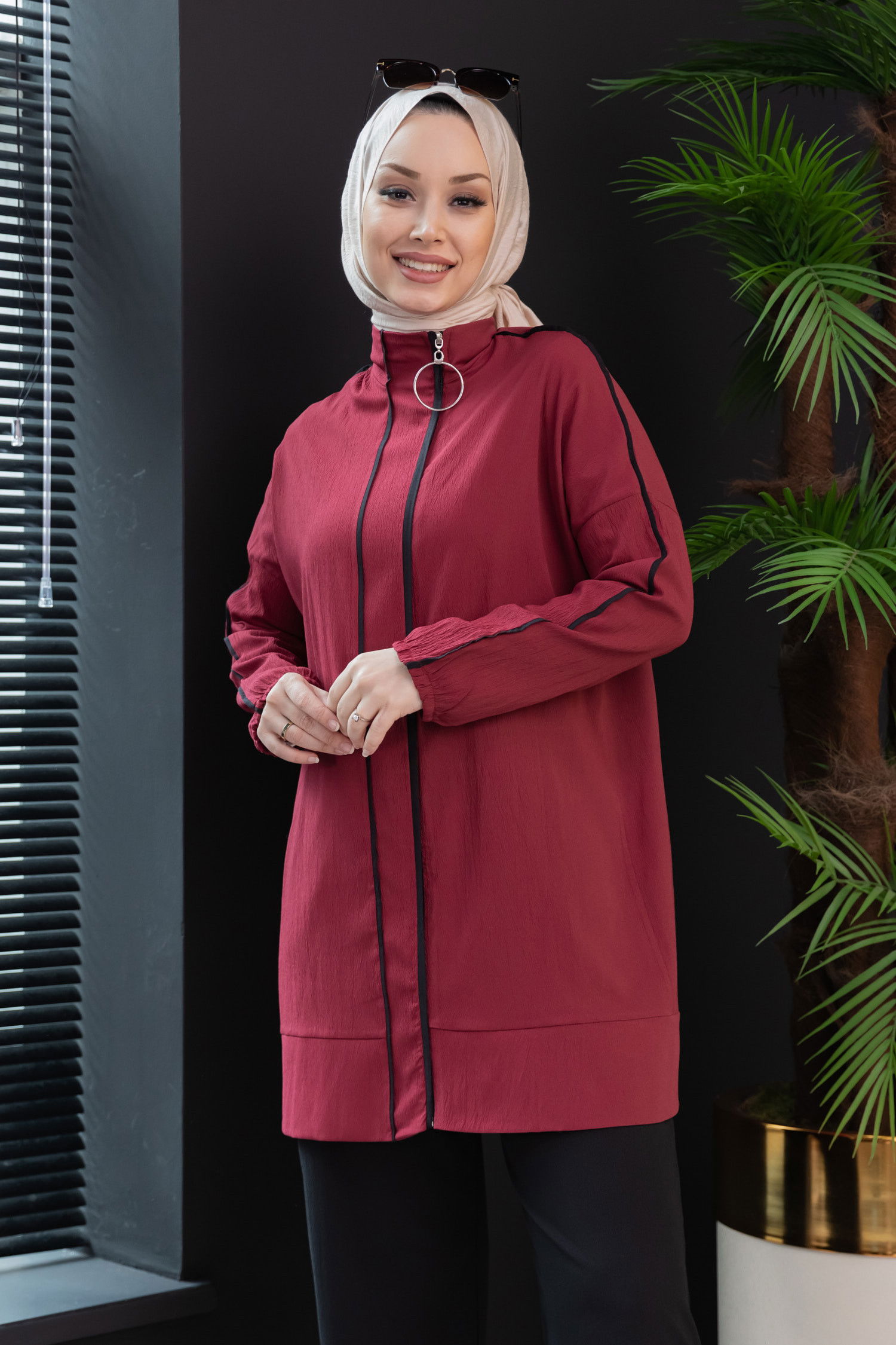 Düz Hakim Yaka Kadın Bordo Tunik Pantolon - 10001 BORDO