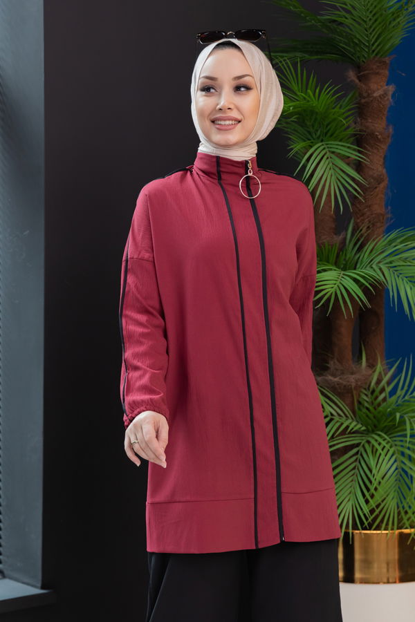 Düz Hakim Yaka Kadın Bordo Tunik Pantolon - 10001 BORDO