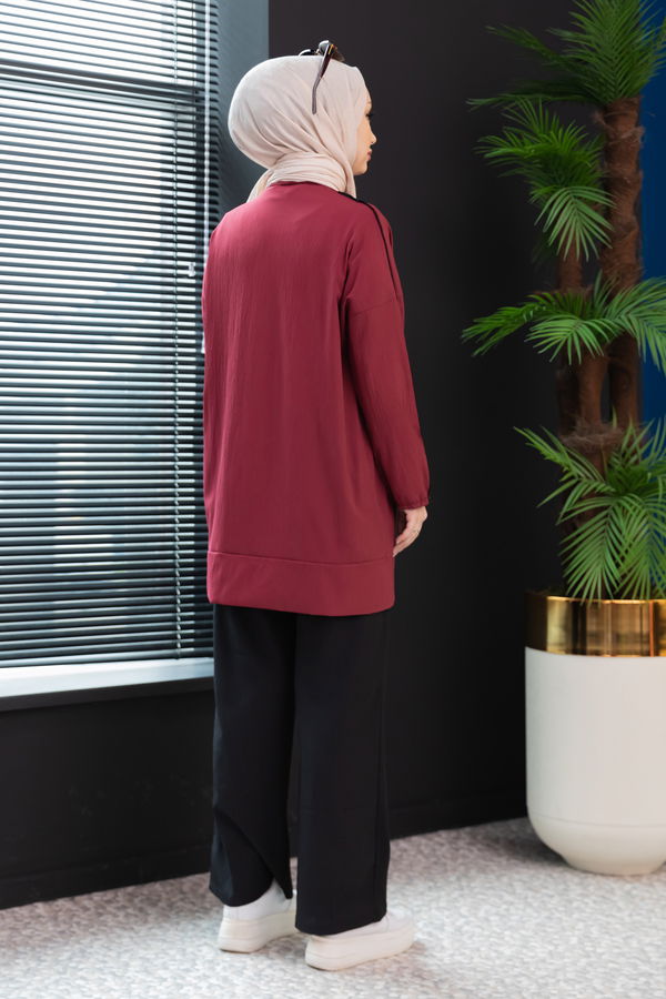 Düz Hakim Yaka Kadın Bordo Tunik Pantolon - 10001 BORDO