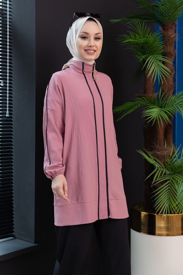 Düz Hakim Yaka Kadın Pembe Tunik Pantolon - 10001