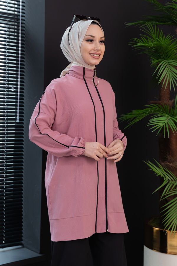 Düz Hakim Yaka Kadın Pembe Tunik Pantolon - 10001