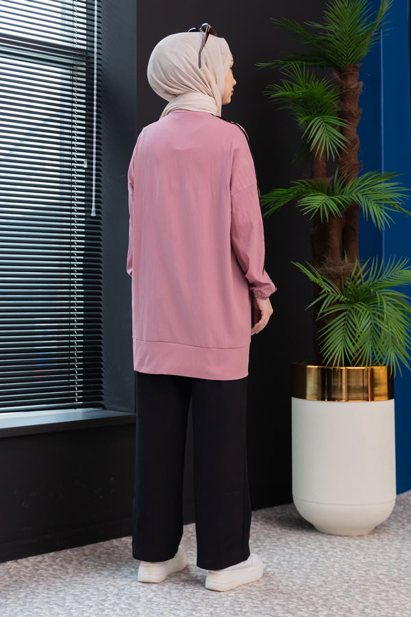 Düz Hakim Yaka Kadın Pembe Tunik Pantolon - 10001
