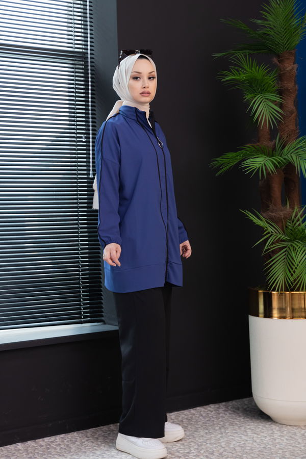 Düz Hakim Yaka Kadın Mavi Tunik Pantolon - 10001 MAVİ