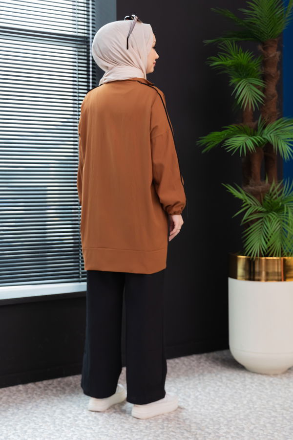 Düz Hakim Yaka Kadın Taba Tunik Pantolon - 10001 TABA