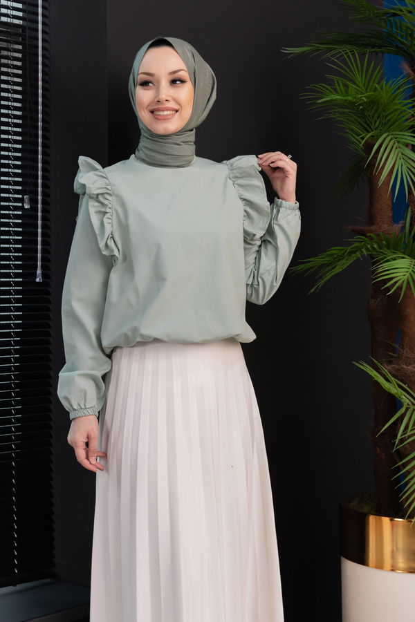 Düz Bisiklet Yaka Kadın Yeşil Bluz - 3953 YEŞİL