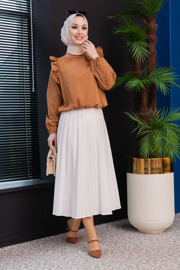 Düz Bisiklet Yaka Kadın Taba Bluz - 3953 TABA