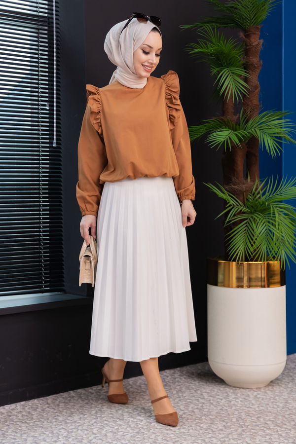 Düz Bisiklet Yaka Kadın Taba Bluz - 3953 TABA