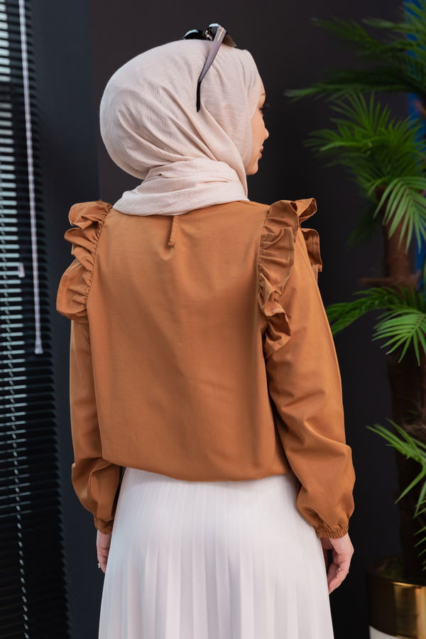Düz Bisiklet Yaka Kadın Taba Bluz - 3953 TABA