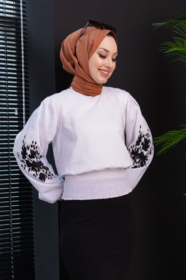 Düz Bisiklet Yaka Kadın Beyaz Bluz - 3958 BEYAZ