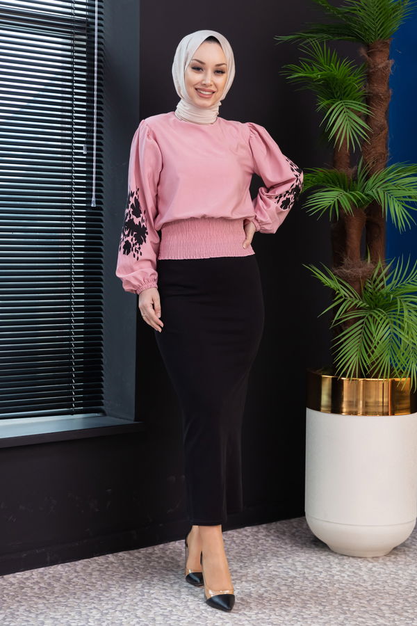 Düz Bisiklet Yaka Kadın Pembe Bluz - 3958 PEMBE