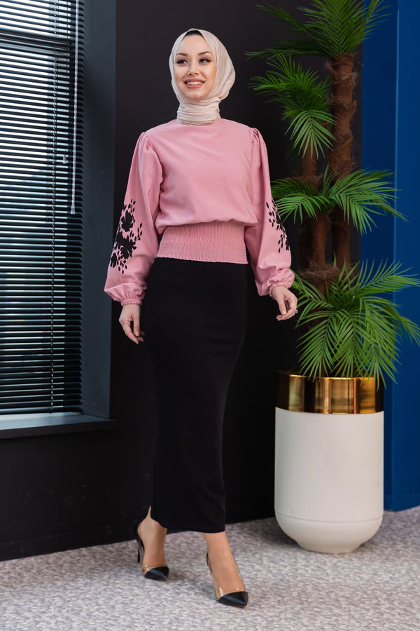 Düz Bisiklet Yaka Kadın Pembe Bluz - 3958 PEMBE