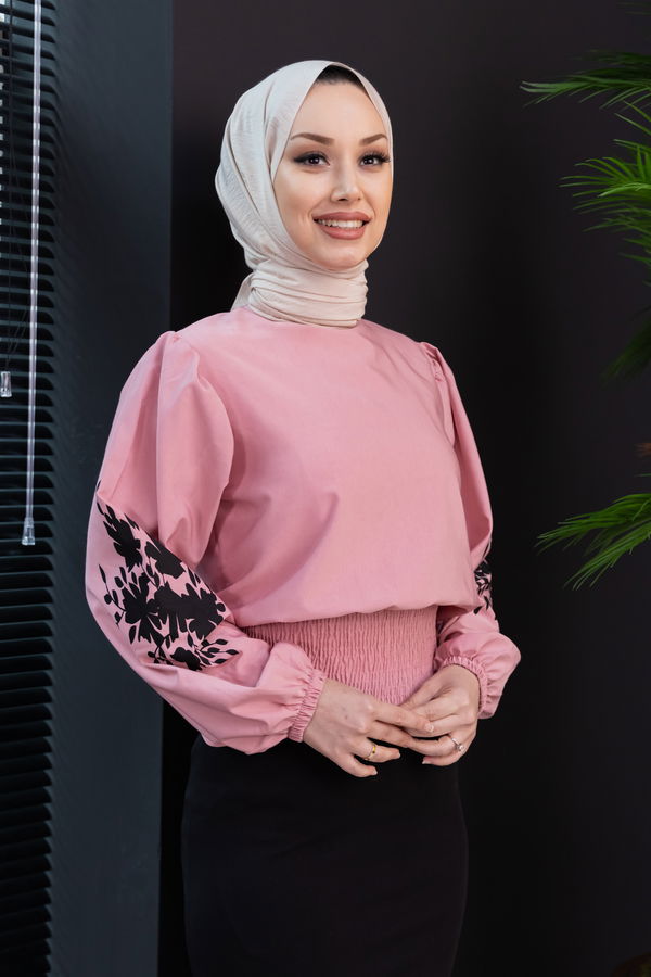 Düz Bisiklet Yaka Kadın Pembe Bluz - 3958 PEMBE