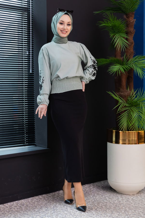 Düz Bisiklet Yaka Kadın Yeşil Bluz - 3958 YEŞİL