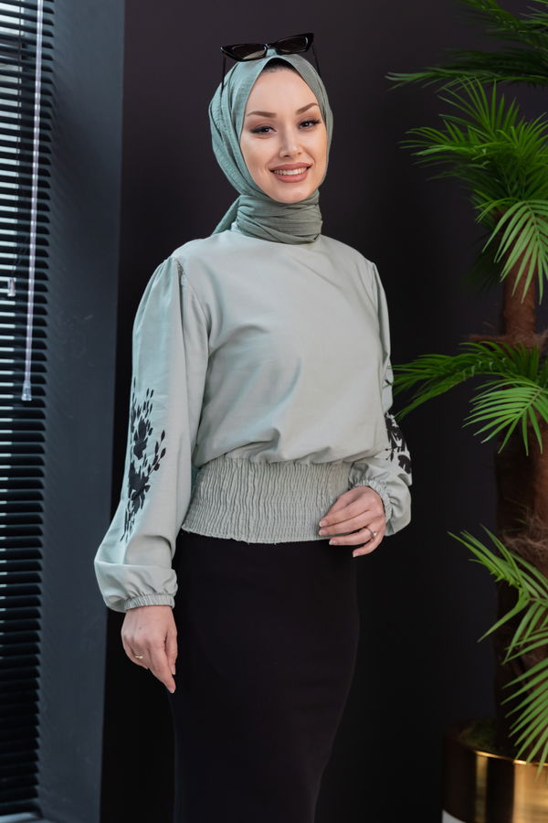 Düz Bisiklet Yaka Kadın Yeşil Bluz - 3958 YEŞİL