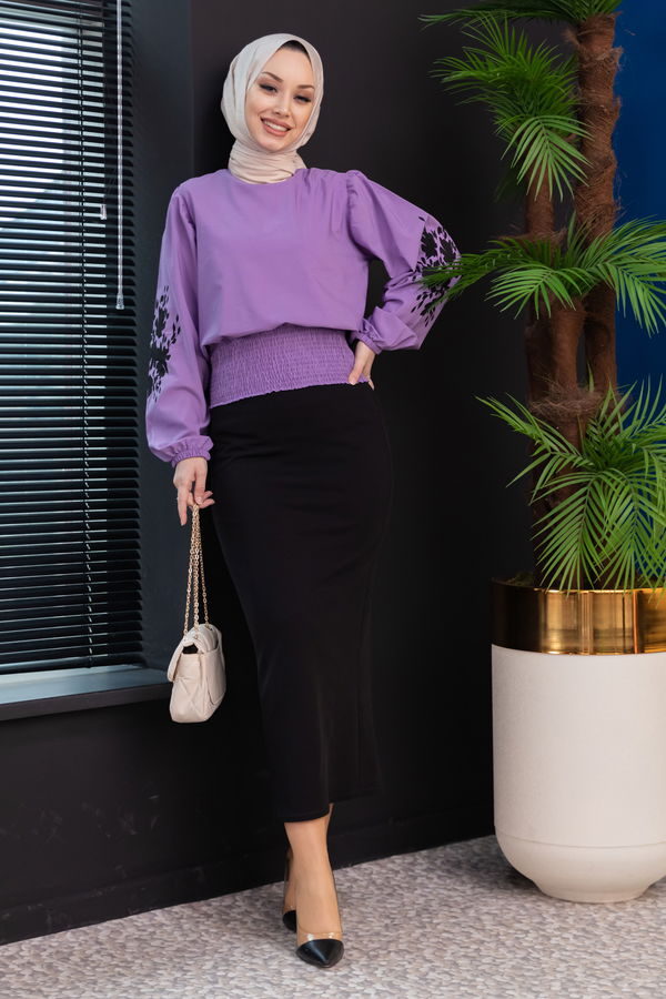 Düz Bisiklet Yaka Kadın Mor Bluz - 3958