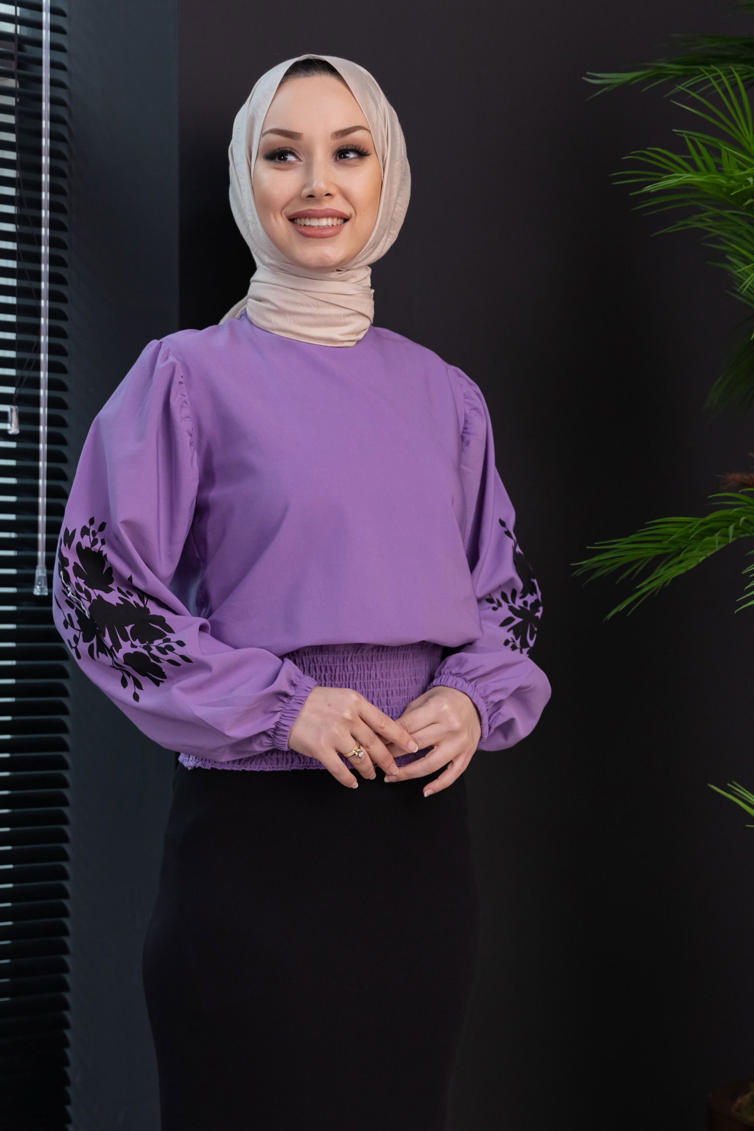 Düz Bisiklet Yaka Kadın Mor Bluz - 3958