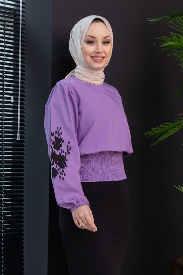 Düz Bisiklet Yaka Kadın Mor Bluz - 3958