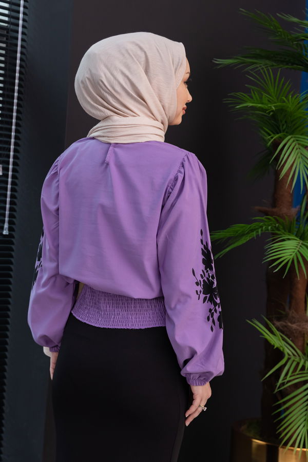 Düz Bisiklet Yaka Kadın Mor Bluz - 3958