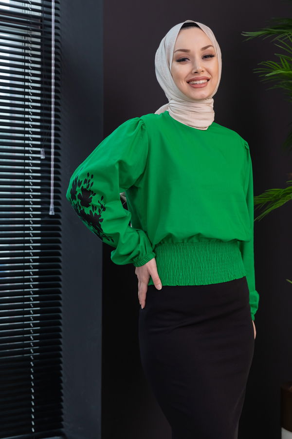 Düz Bisiklet Yaka Kadın Yeşil Bluz - 3958