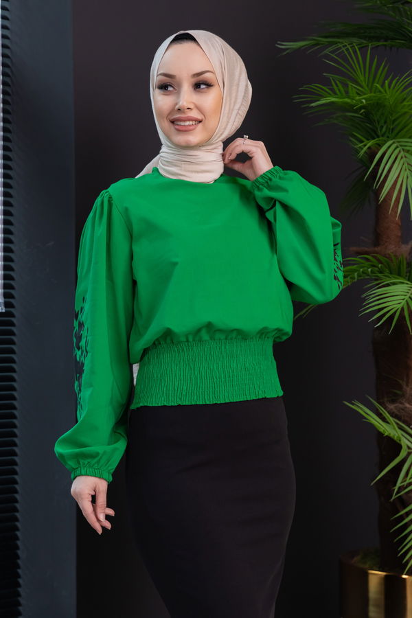 Düz Bisiklet Yaka Kadın Yeşil Bluz - 3958