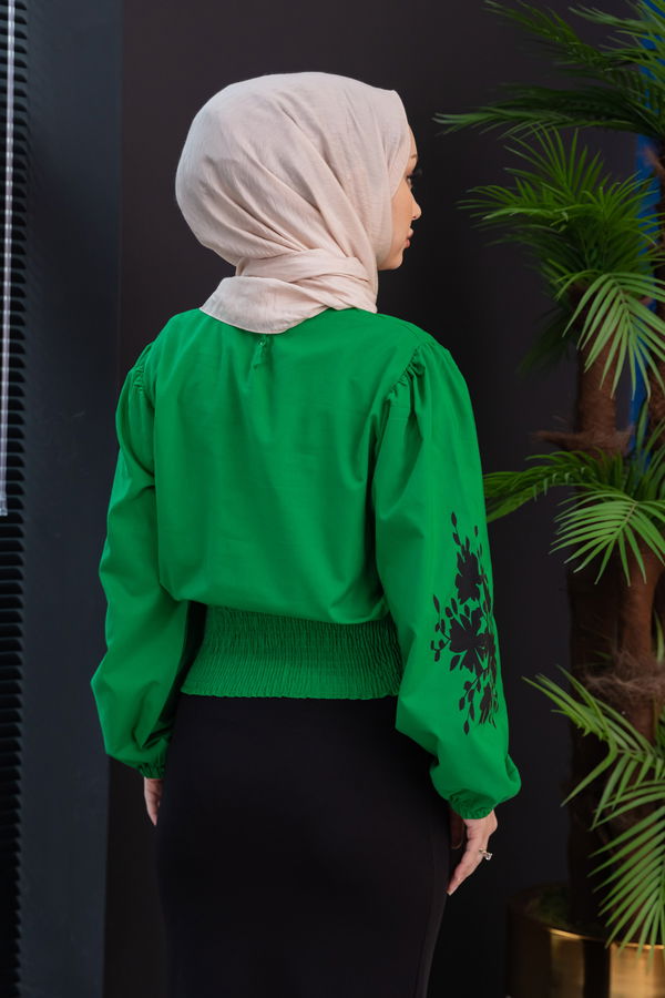 Düz Bisiklet Yaka Kadın Yeşil Bluz - 3958