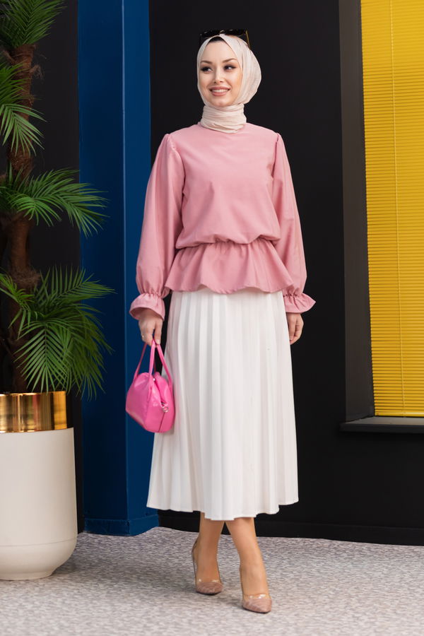 Düz Bisiklet Yaka Kadın Pembe Bluz - 3959 PEMBE