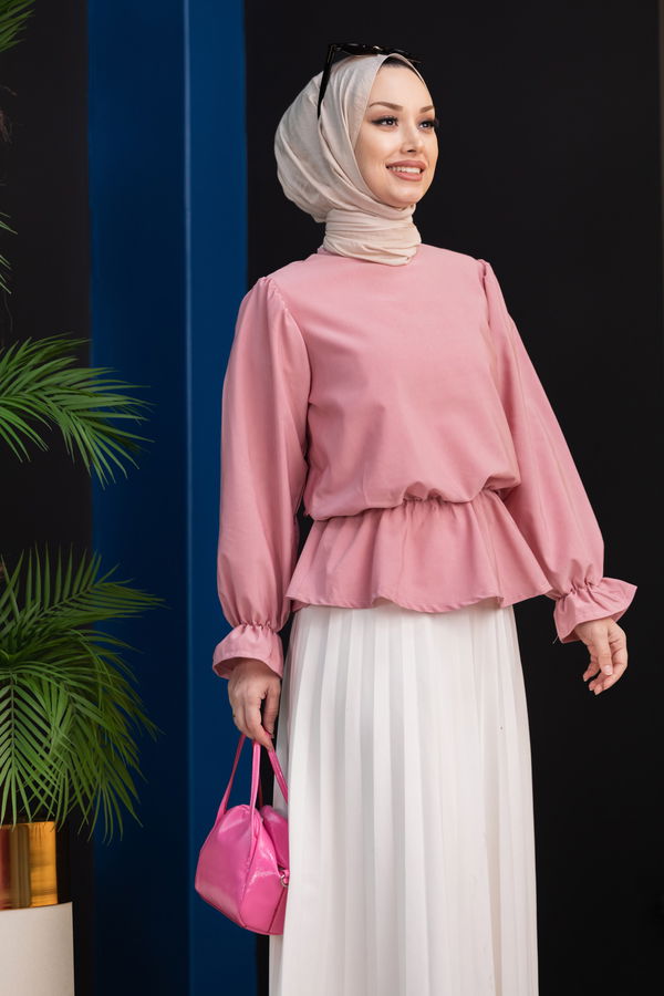 Düz Bisiklet Yaka Kadın Pembe Bluz - 3959 PEMBE