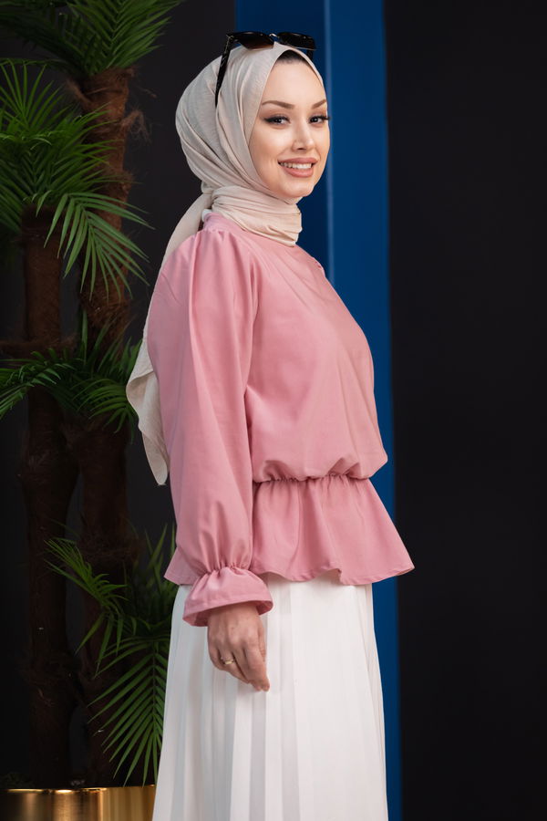 Düz Bisiklet Yaka Kadın Pembe Bluz - 3959 PEMBE