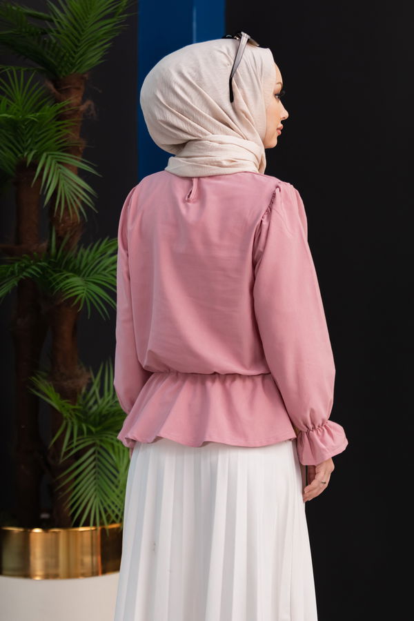 Düz Bisiklet Yaka Kadın Pembe Bluz - 3959 PEMBE