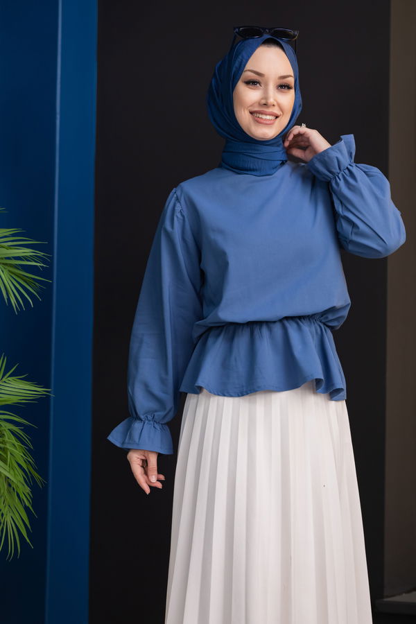 Düz Bisiklet Yaka Kadın Mavi Bluz - 3959