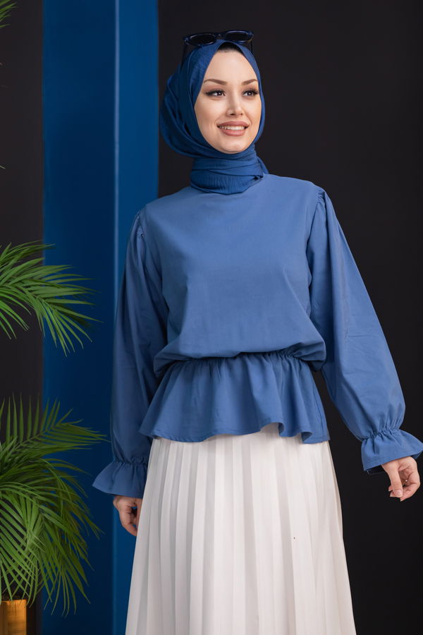 Düz Bisiklet Yaka Kadın Mavi Bluz - 3959