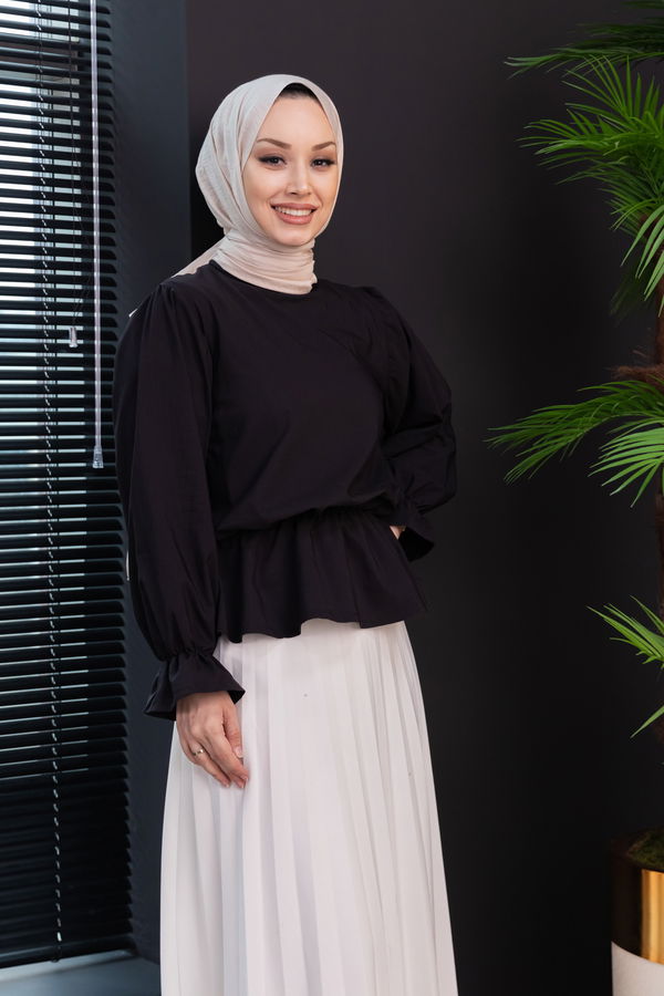 Düz Bisiklet Yaka Kadın Siyah Bluz - 3959