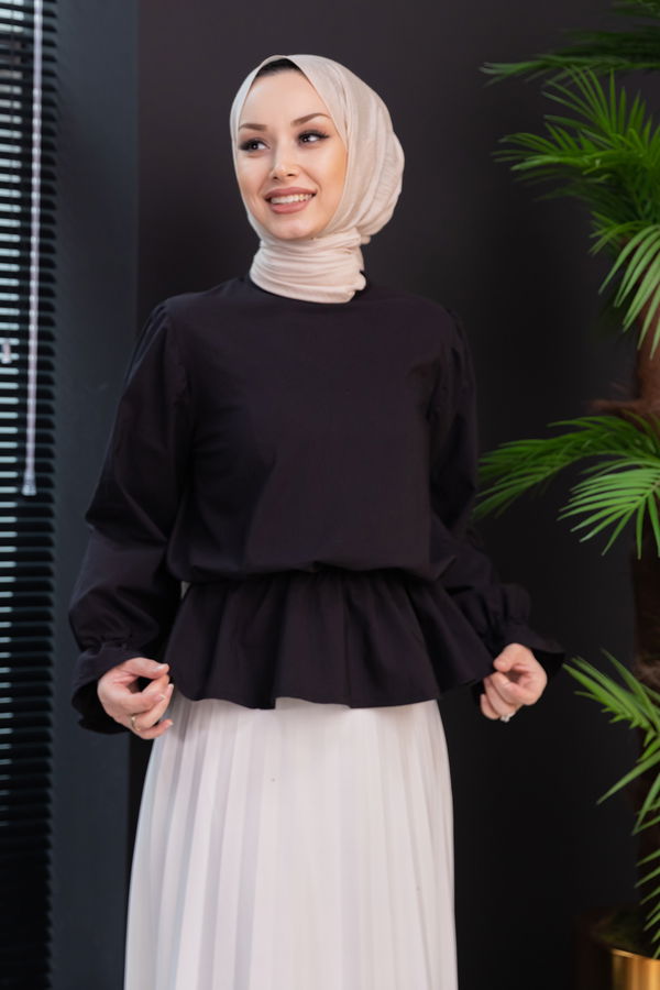 Düz Bisiklet Yaka Kadın Siyah Bluz - 3959