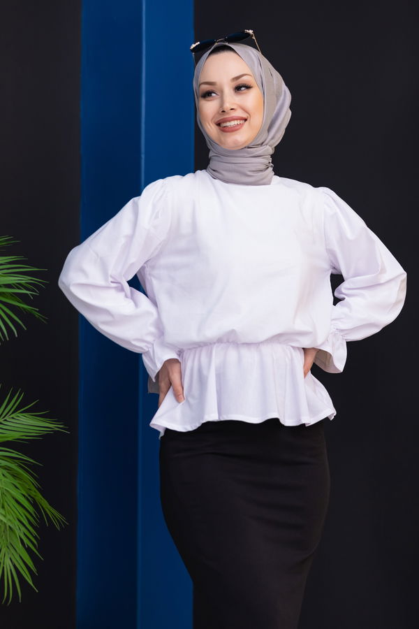 Düz Bisiklet Yaka Kadın Beyaz Bluz - 3959 BEYAZ