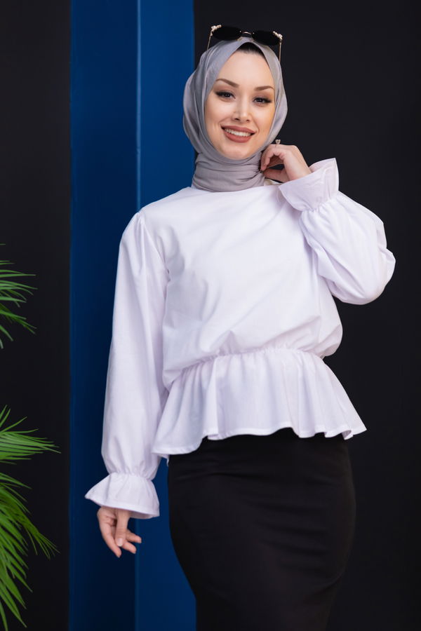 Düz Bisiklet Yaka Kadın Beyaz Bluz - 3959 BEYAZ