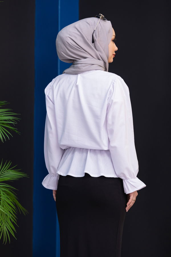 Düz Bisiklet Yaka Kadın Beyaz Bluz - 3959 BEYAZ