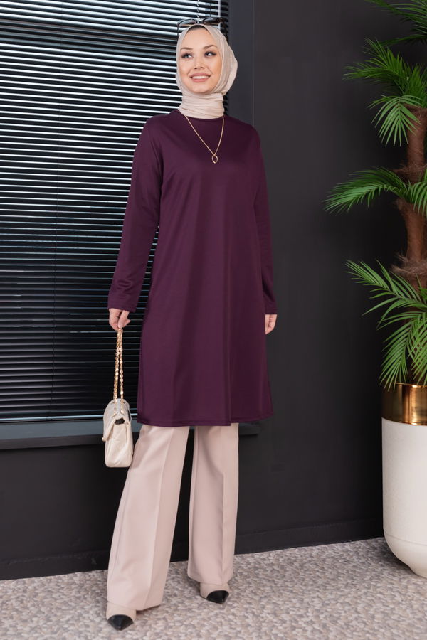 Düz Bisiklet Yaka Kadın Mürdüm TUNIK - 3514
