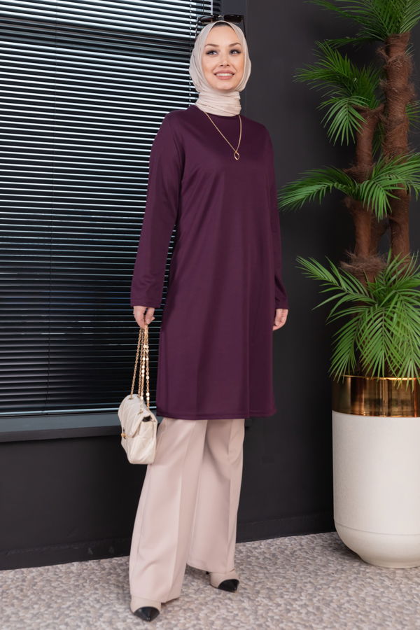 Düz Bisiklet Yaka Kadın Mürdüm TUNIK - 3514