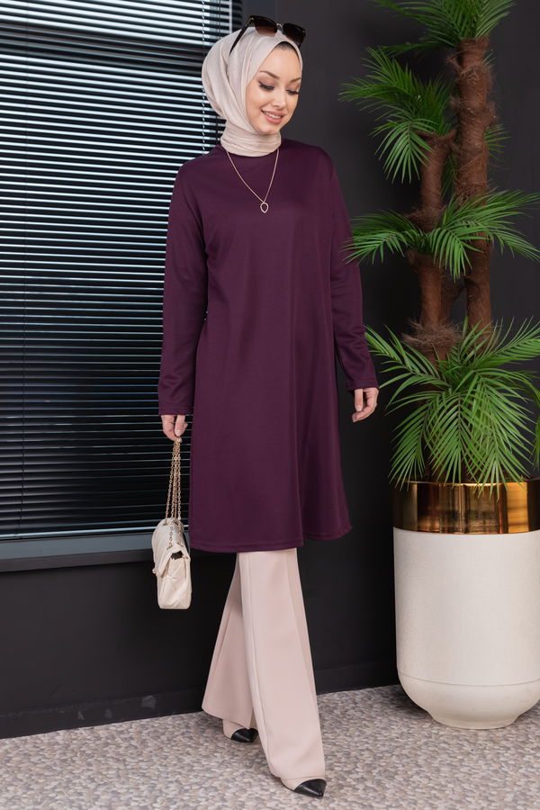 Düz Bisiklet Yaka Kadın Mürdüm TUNIK - 3514