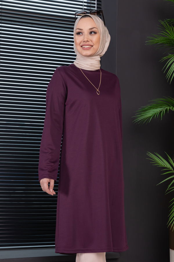 Düz Bisiklet Yaka Kadın Mürdüm TUNIK - 3514