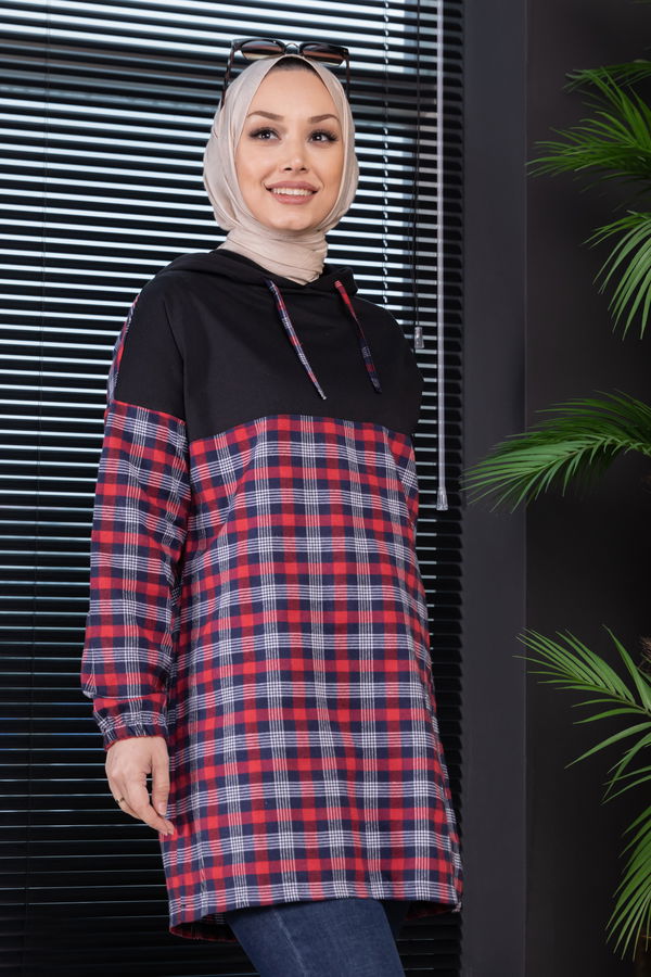 Düz Kapsonlu Yaka Kadın Kırmızı Tunik - 10004 Kırmızı