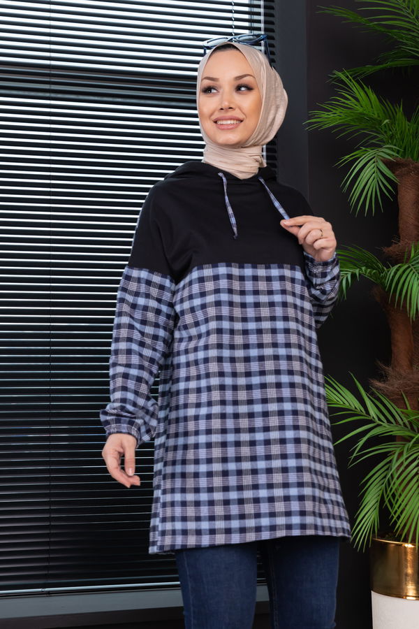 Düz Kapsonlu Yaka Kadın Mavi Tunik - 10004