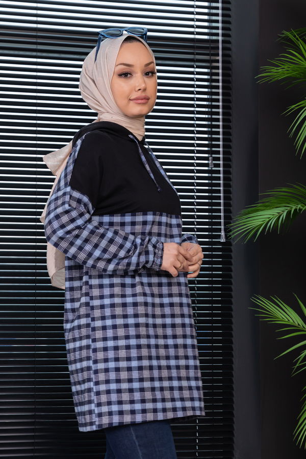 Düz Kapsonlu Yaka Kadın Mavi Tunik - 10004