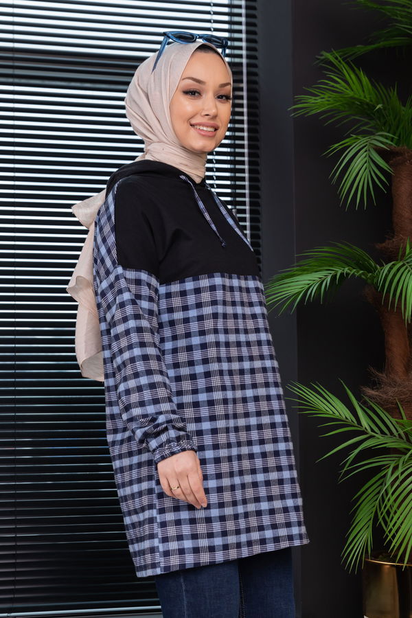 Düz Kapsonlu Yaka Kadın Mavi Tunik - 10004