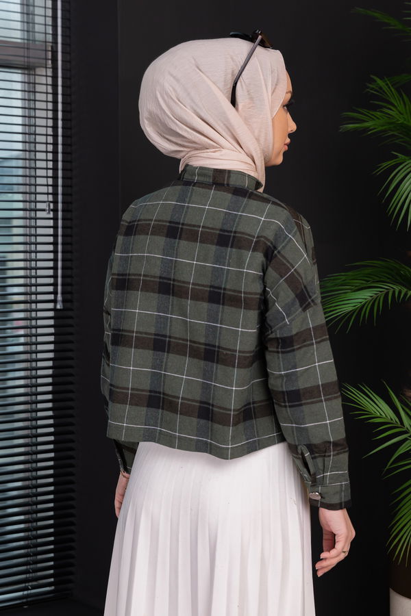 Düz Hakim Yaka Kadın Haki Crop Gömlek - 3969